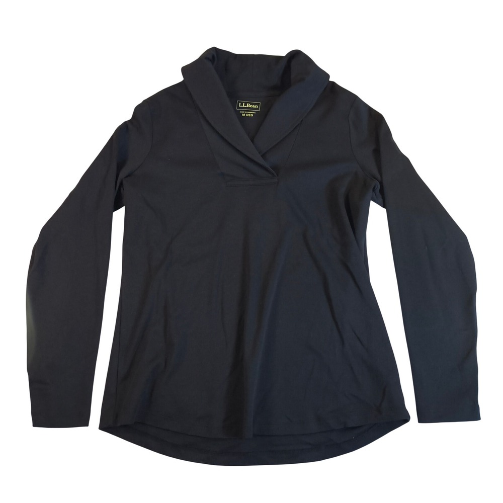 LL Bean Womens Black 100% Cotton Shawl Collar Long Sleeve Pullover Top M REG